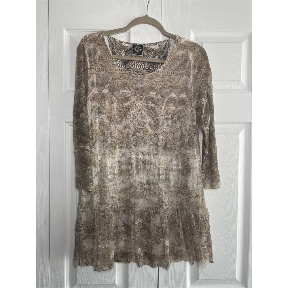Cal Style Boho Lace Tunic Womens Size M Gold Tan‎ Paisley Sheer Layered Lined